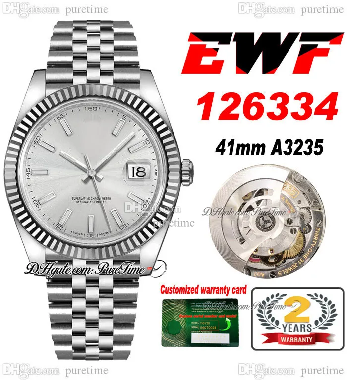 EWF Bara 126334 A3235 Automatisk herrklocka 41 Fluten Bezel Silver Dial Stick Markers Jubileesteel Armband Super Edition Gratis Samma seriekort Puretime D4