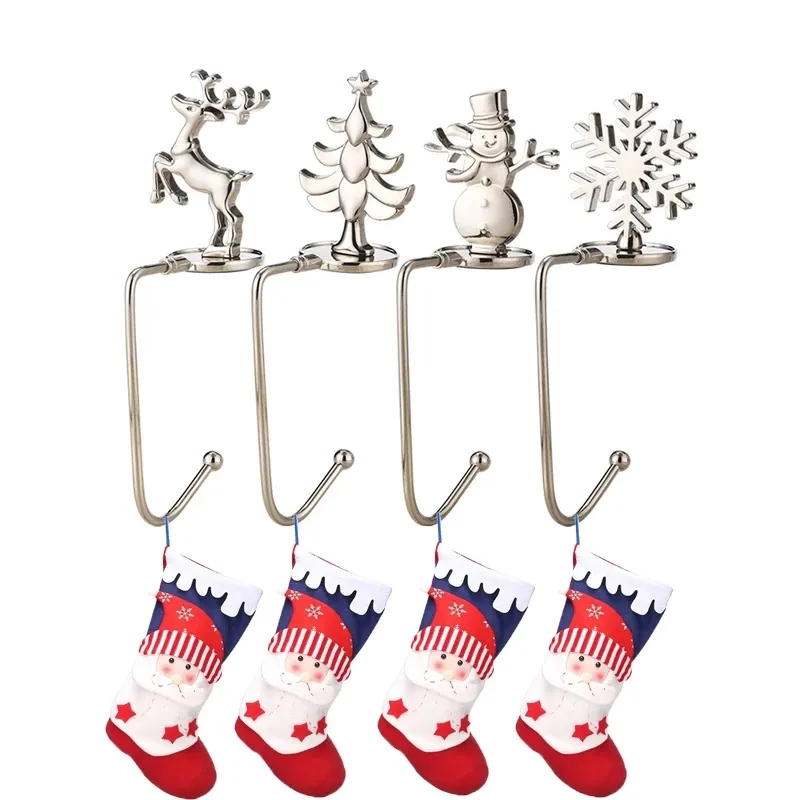 Julstrumpa Hållare krokar hjortar snöflinga snöman julgran guld silver metallklipp xmas fest dekoration leveranser