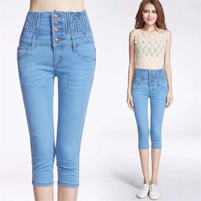 Jeans Femme Été Genou Longueur Pantalon Taille Haute Bouton Jeans Femme Serré Élasticité Petit Pantalon Version Coréenne Poignets Était Mince Jeans 220908