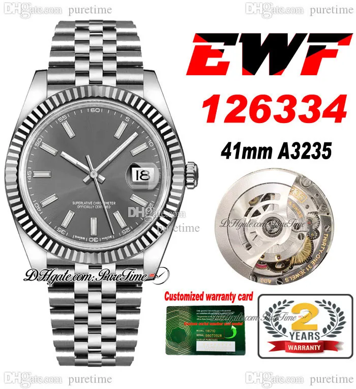 EWF Just 126334 A3235 Automatic Mens Watch 41 Fluted Bezel Rhodium Grey Dial White Stick JubileeSteel Bracelet Super Edition Free Same Series Card Puretime B2