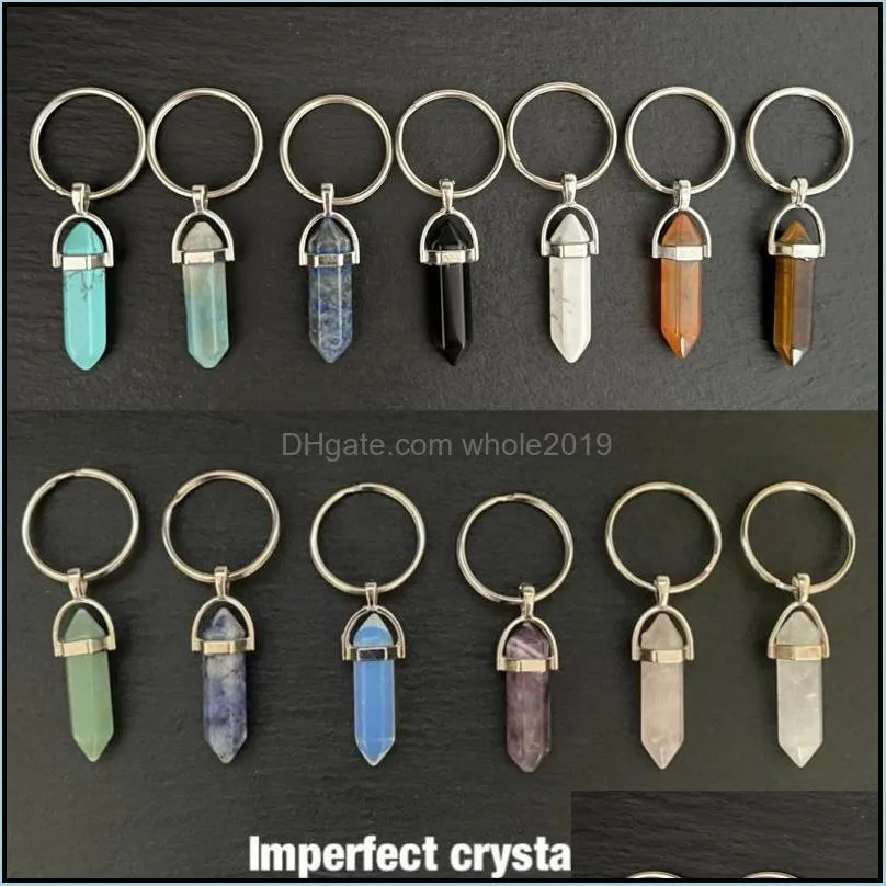 Keychains Natural Stone Hexagonal Prism Key Rings Keychains Healing Pink Crystal Car Decor Chain Keyholder For Women Men Dhseller2010 Dhiuz