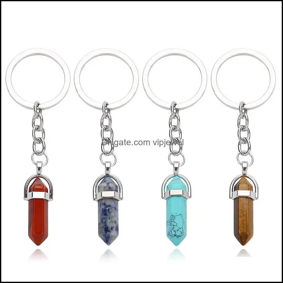 Porte-clés Pierre naturelle Cristal Porte-clés Sac à main Dangle Porte-clés Colonne hexagonale Pendum Amet Real Agates Tiger Dhseller2010 Dh4Im