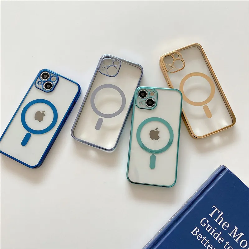Magnetic Clear electroplated Cases For iPhone 15 14 13 12 11 Pro Max X XR XS Max transparent plating Soft Back Cover 100pcs