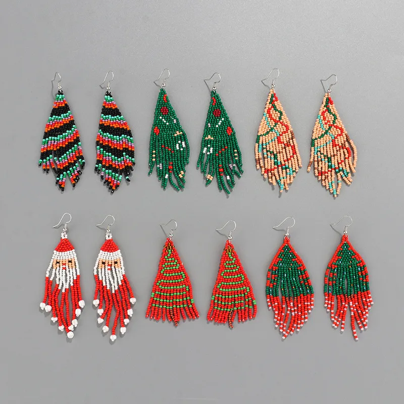 S3193 Christmas Fashion Jewelry Beaded Tassels Dangle Earrings Hand-woven Xmas Tree Santa Claus Colorful Rice Beads Earrings