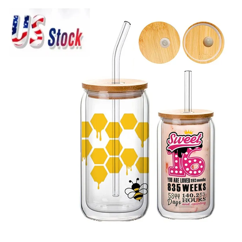 US STOCK 16oz Double Wall Glass Mugs Sublimation Blanks Pre-drilled Snow Globe Tumbler Mason Jar Mug With Bamboo Lid Straw 908