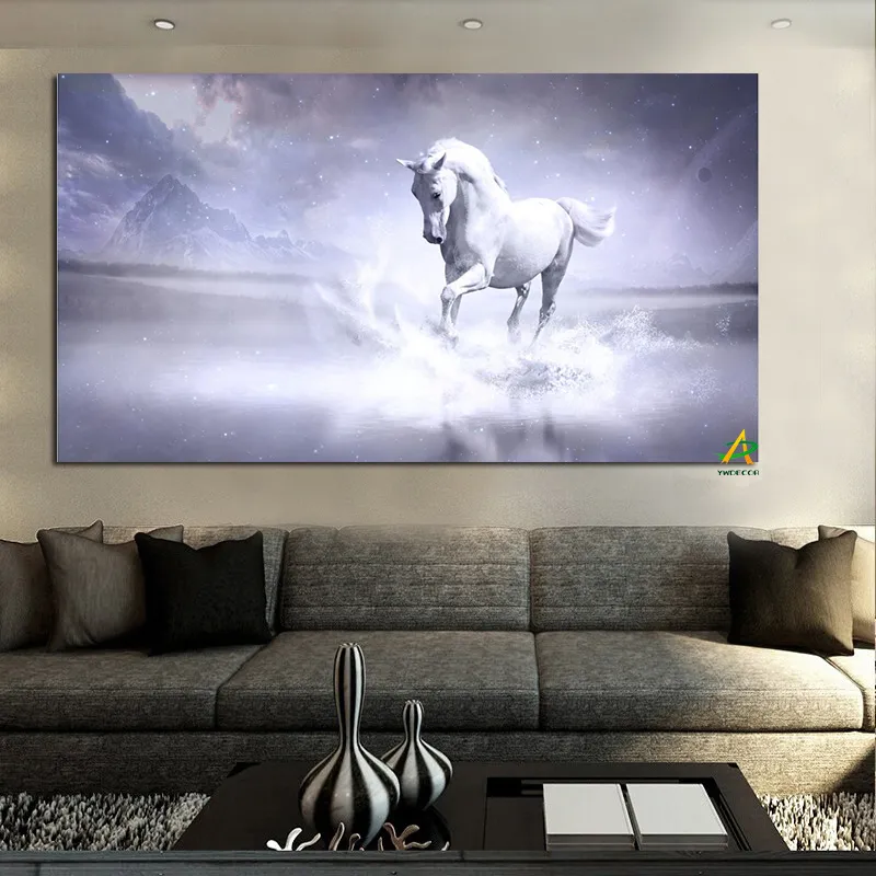 Lienzo pintura caballo blanco sigue corriendo en el río impresiones digitales modernas en lienzo pared arte imagen sala de estar decoración del hogar