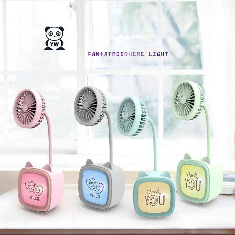 Elektrik Fanları Mini Fan USB Şarj Edilebilir Kitten Masaüstü TV Ortam Işık Taşınabilir Masa Fan USB Öğrenci Masaüstü Dekorasyon Fan T220907
