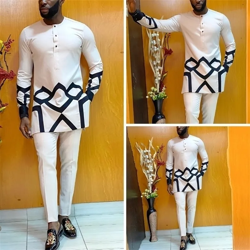 Tracksuits voor heren set man 2 stuks bruiloft prom dashiki outfit geprint lange mouw shirt witte broek broek pakken voor 2 220908