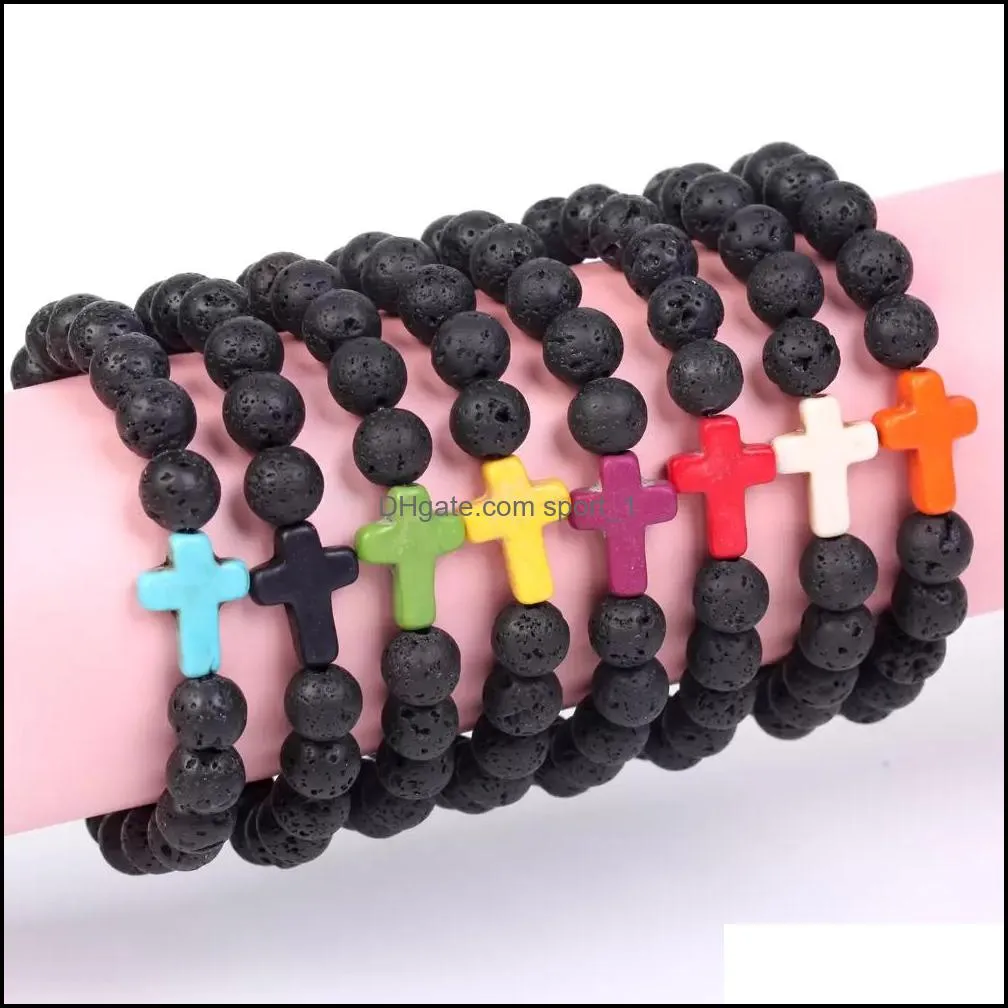 Beaded Strands Trendy 8mm Black Lava Stone Turquoise Bead Cross Strands Armband Essential Oil Diffuser Volcanic Beads Dhseller2010 DHRZG