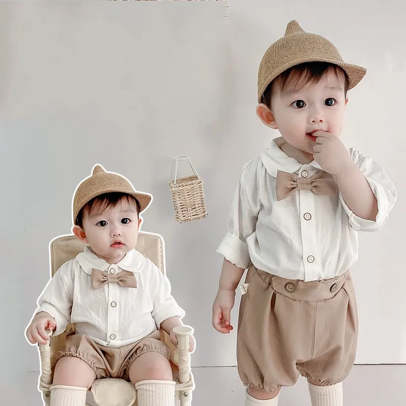 Ensembles de vêtements Beaux garçons été manches longues noeud papillon hauts chemises solides pantalons courts enfant en bas âge enfants bébé vêtements ensemble costumes formels 2 pièces 20220908 E3