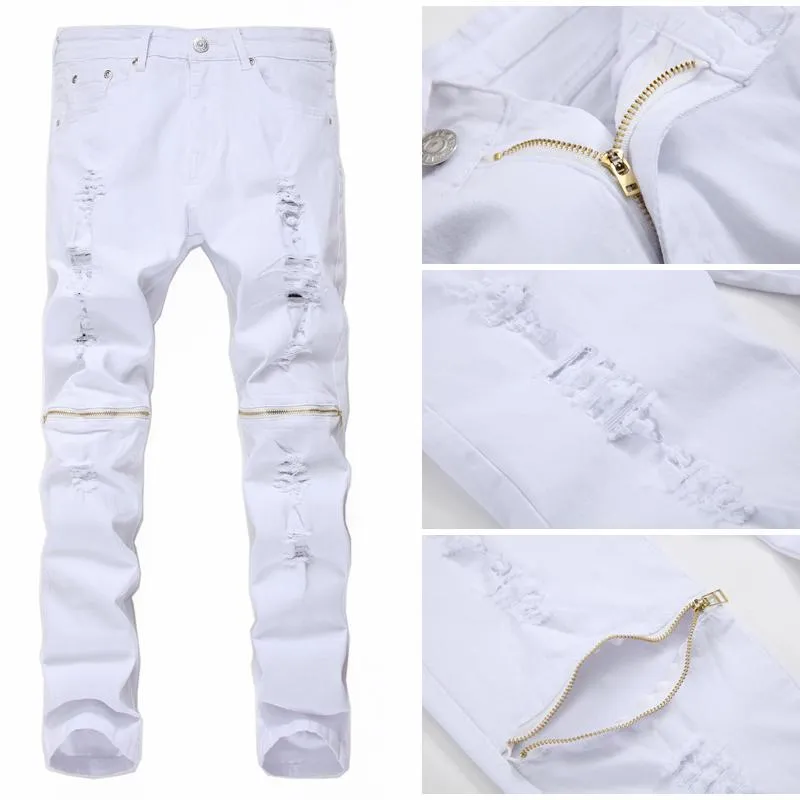 Herr jeans stil m￤n kn￤ bryta blixtl￥s liten kod 28 trend elastiska smala byxor stor storlek 42