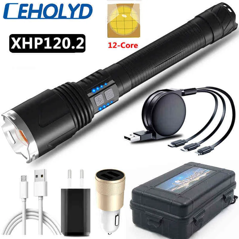 XHP120.2 12-CORED ألمع مصباح LED Power Bank وظيفة Torch USB قابلة لإعادة الشحن 18650 26650 بطارية تكبير الفانوس J220713