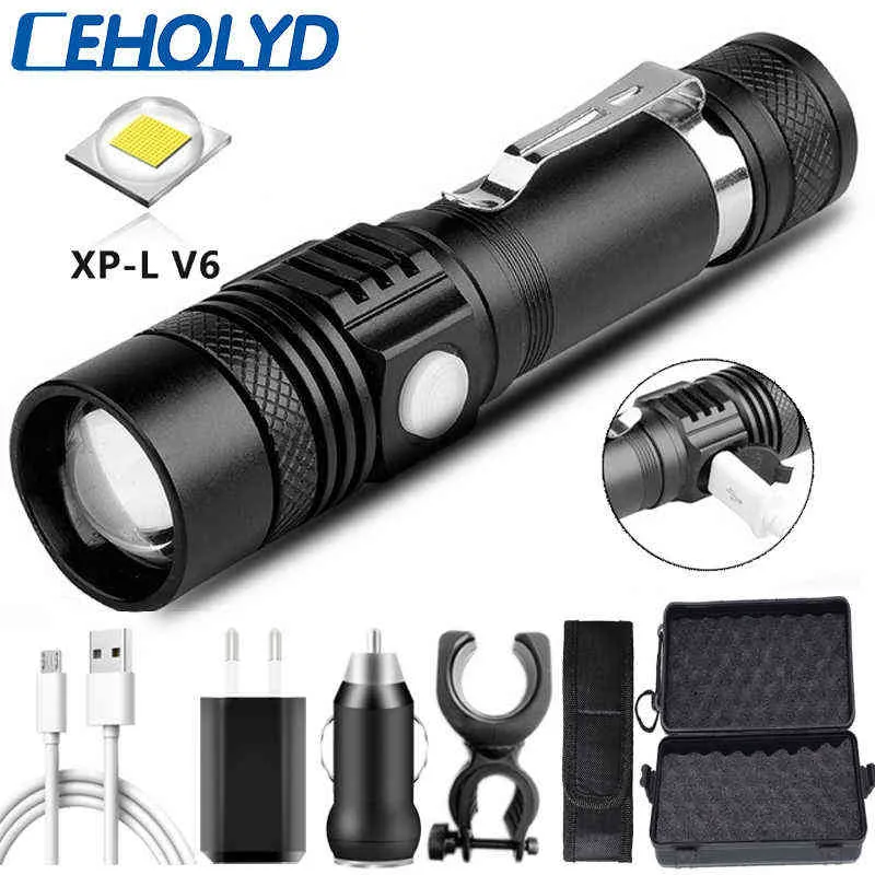 Ceholyd LED-ficklampa XP-L V6 USB-uppladdningsbar zoombar aluminium ficklampa inbyggt 18650 batterilyktor Fiske cykling Ljus J220713