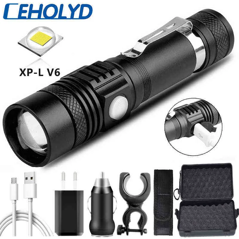 Ceholyd LED 손전등 XP-L V6 USB 충전식 알루미늄 손전등 내장 18650 배터리 랜턴 낚시 사이클링 조명 J220713