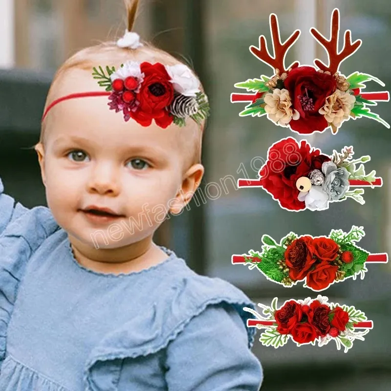 Diadema para bebé, corona Floral bonita de Navidad, banda para el pelo para niña, diadema elástica con lazo para recién nacido, accesorios para el cabello turbante