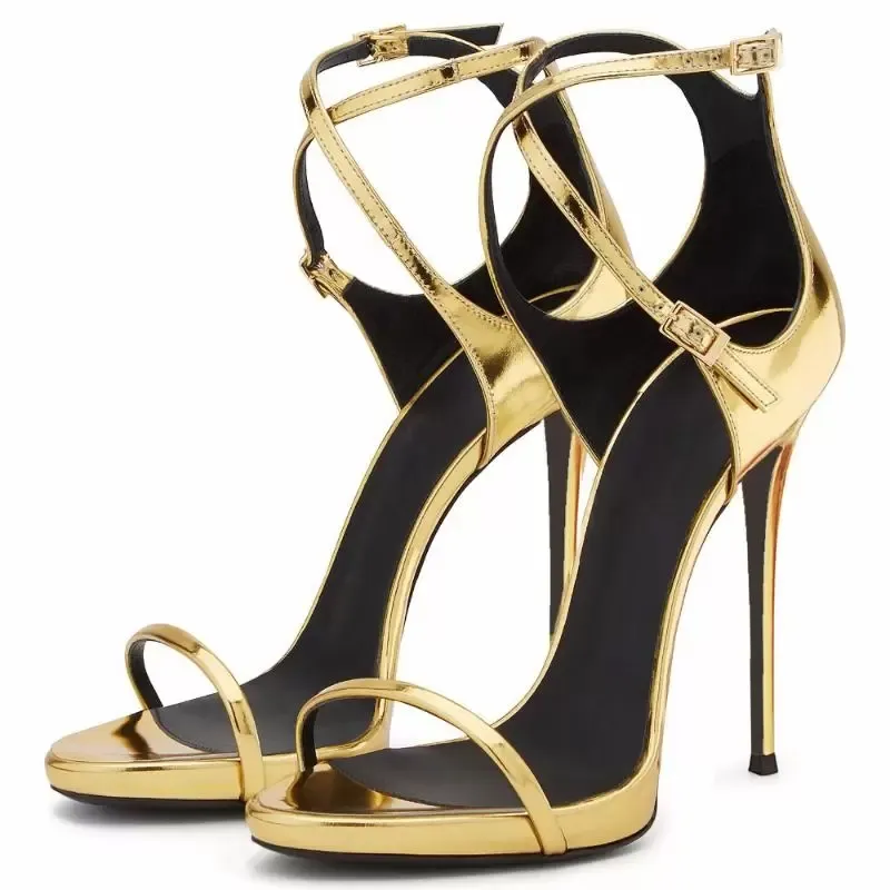 Sandals Woman Style Celebrity Metallic Gold Stiletto Heel Summer Hollow Ankle Buckle Strap High Heels Shoes