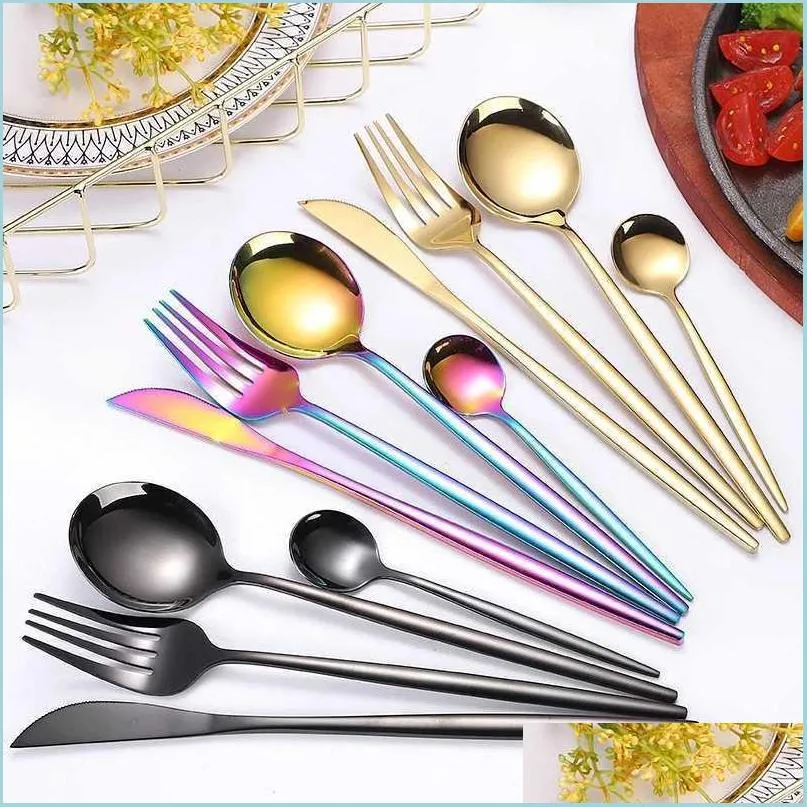 Flatware sets 4 stcs/set black gouden bestek set 18/10 roestvrij staal servies sierware flatware dinermessen vork lepel druppel de dhtib