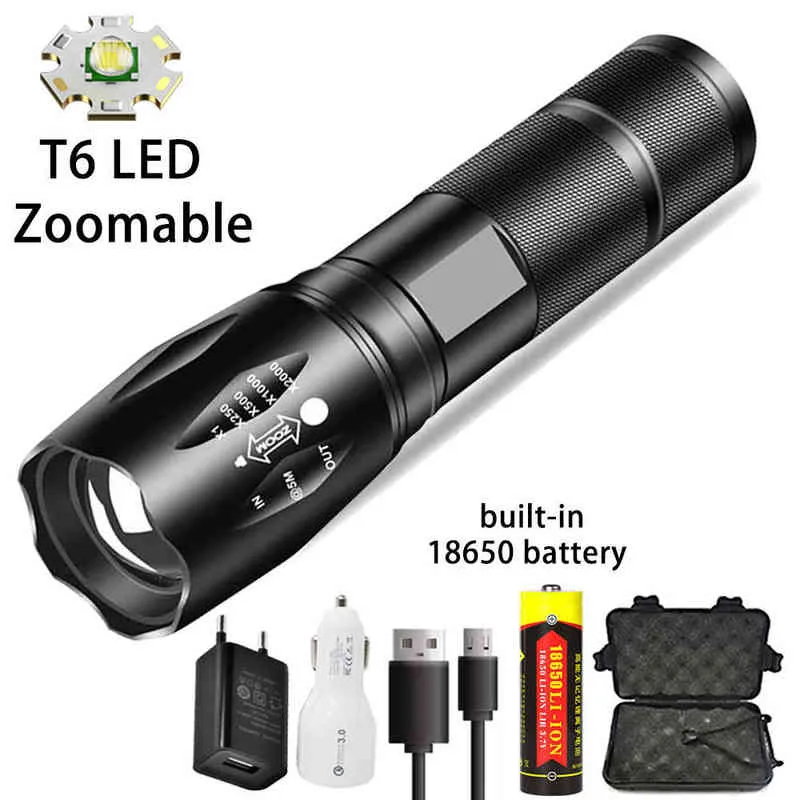 LED -zaklamp Aluminium Krachtige T6 Portable Torch USB oplaadbare tactisch flitslicht voor buitenkamperen Wandelen J220713