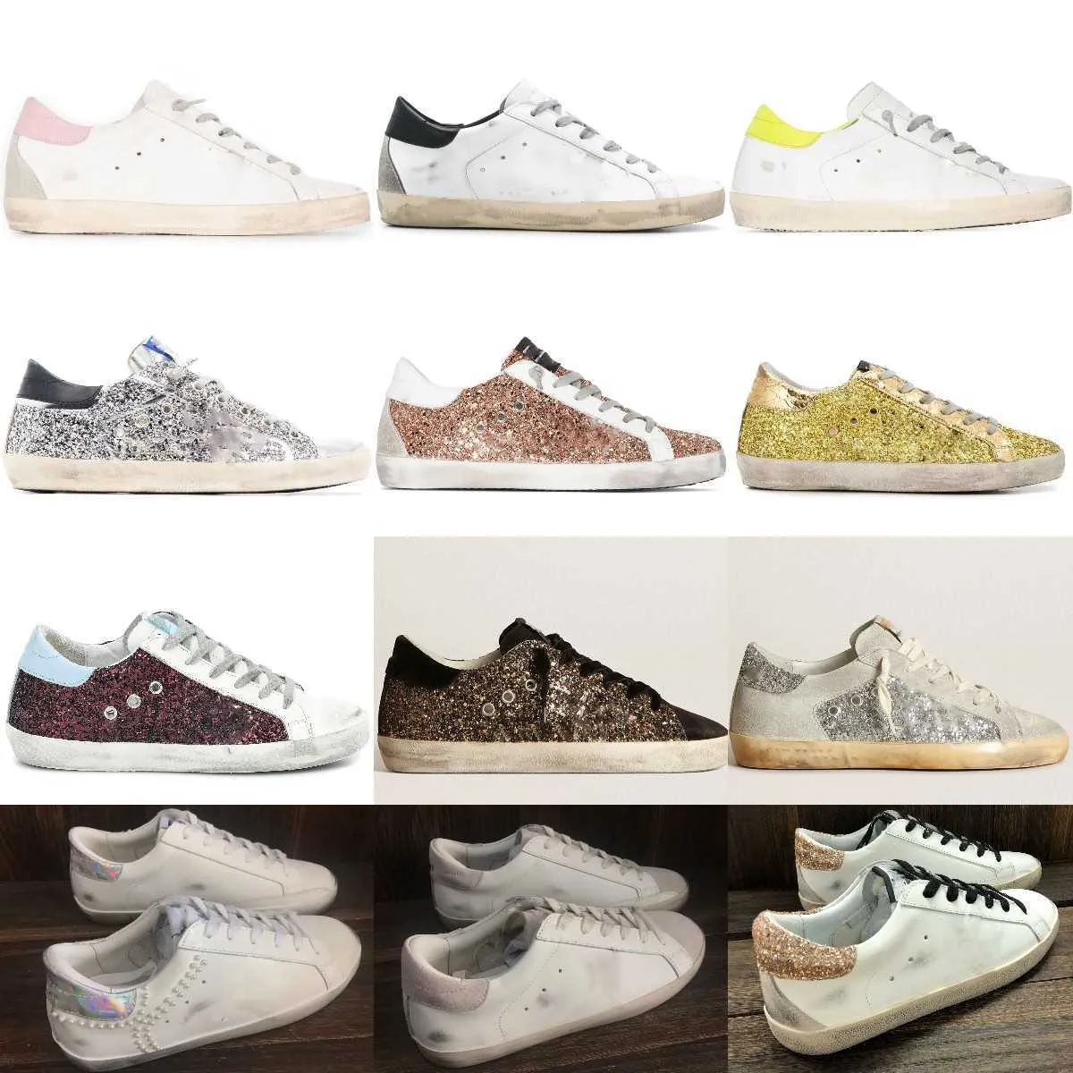 Casual skor sneakers tränare sport sneakers plattform sko Deluxe Golden Mens Designer Pink Gold Brown Silver Glitter White Do Old Dirty