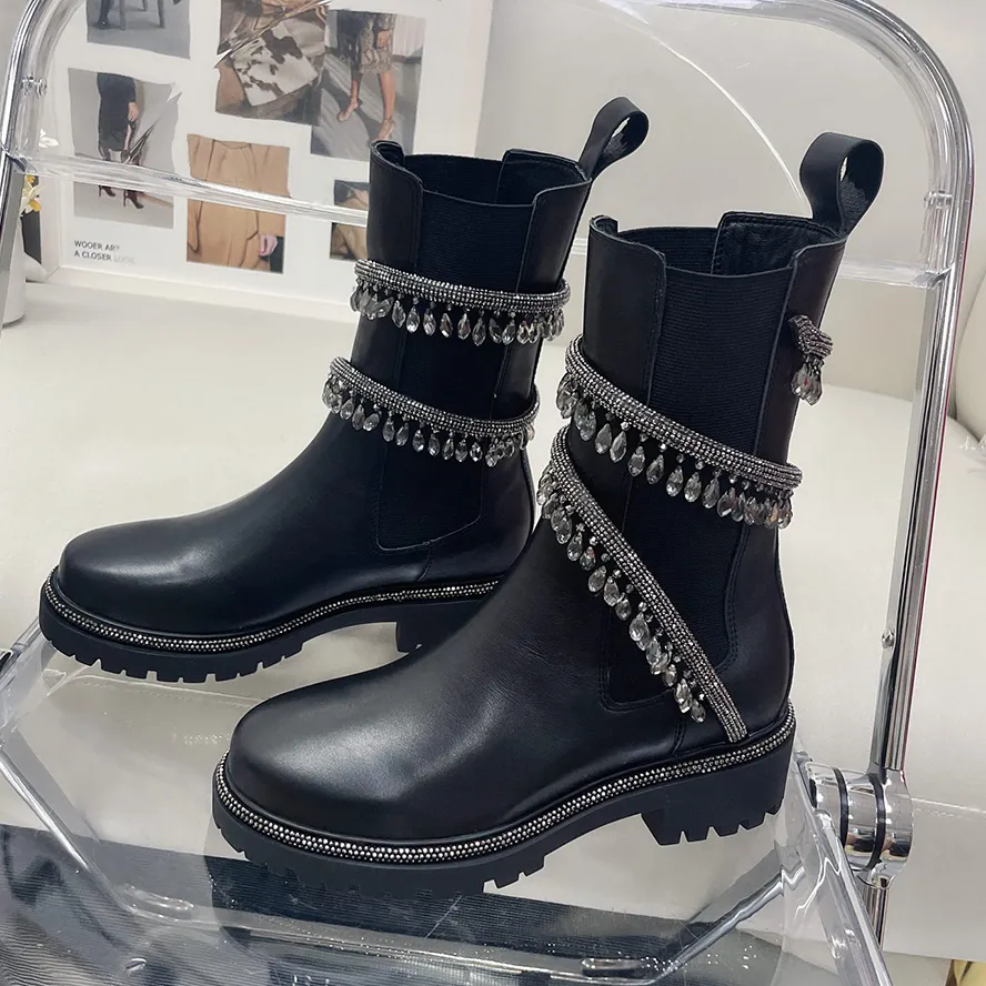 Rene Caovilla Boots Designers Buty Rhinestone Crystal Lampa Dekoracja Elastyczne Chelsea Botki Snake Bande Buty damskie grube dolne but z pudełkiem