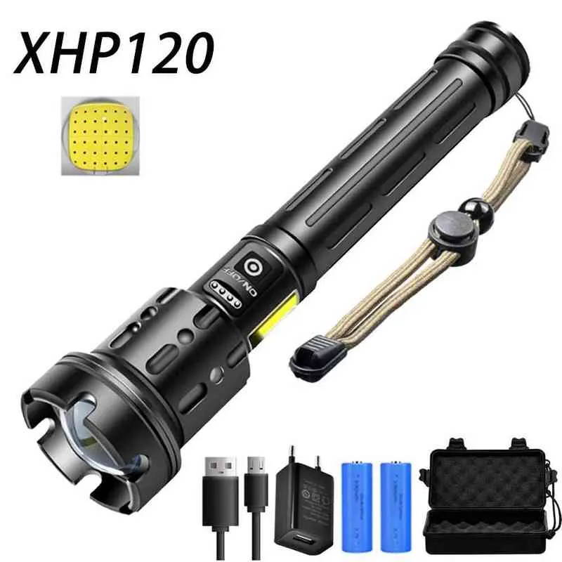 Najsilniejszy XHP120 LED LASHTlight Zoomable USB ACKARUBLATE LASHTlight IPX-6 Waterproof Tactical Flash Light by 26650/18650 J220713