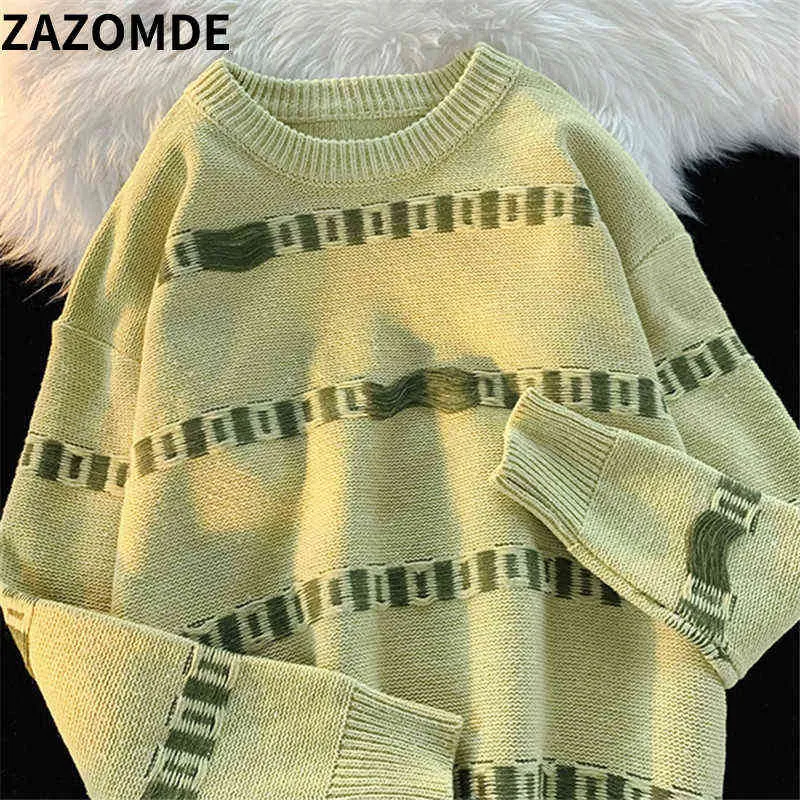 Blusas masculinas zazomde listra suéter rasgado homem pulôver hole malha jumpers de grande tamanho harajuku manga longa blusas de manga longa tops green pullover masculino t220906