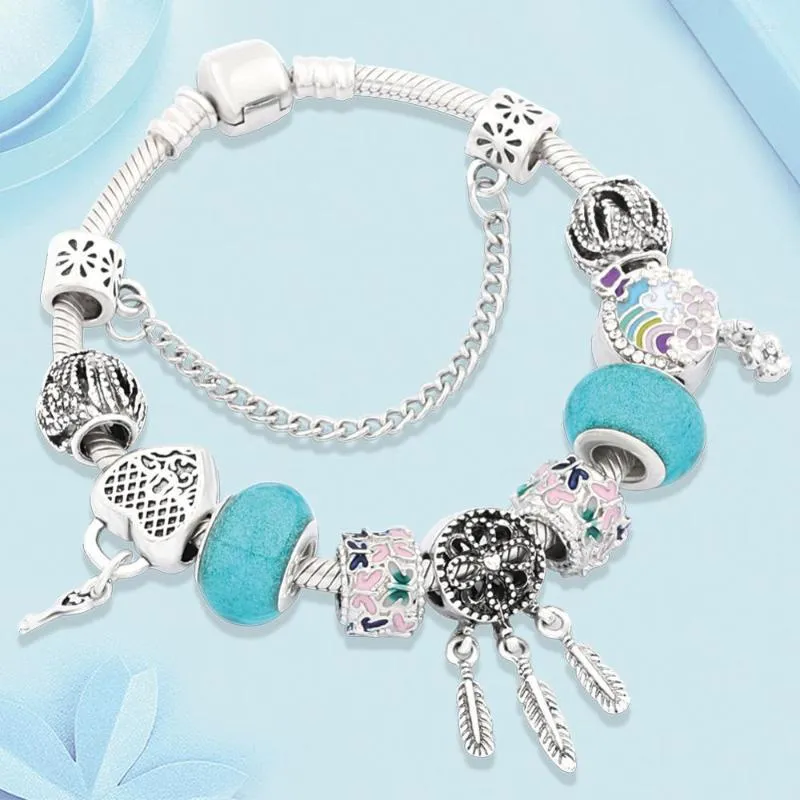 Bracelets de charme Leabyl tibetano Silver Dream Catcher Heart Lock Pingente Bracelet colorido Flower Women's Bead Diy Jóias