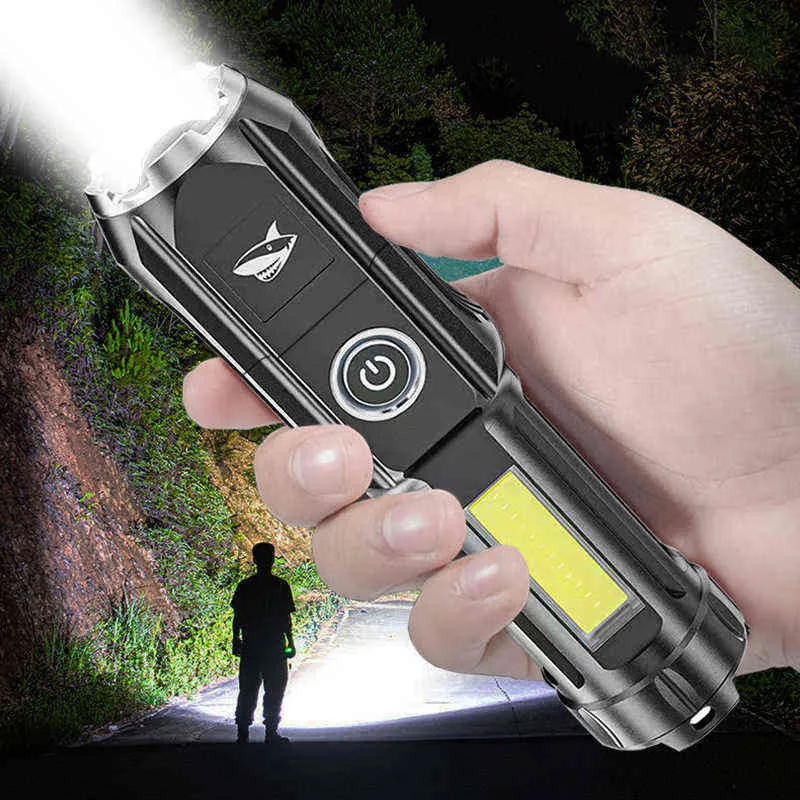 Bright LED-ficklampa USB-uppladdningsbar zoombar blixtljus med COB inbyggt 18650 Batteri utomhus camping Vandring Torch J220713