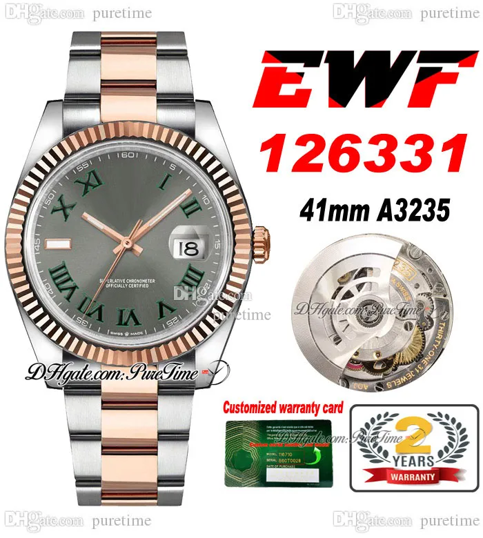 EWF Just 126331 A3235 Automatic Mens Watch 41 Fluted Bezel Two Tone Rose Gold Gray Dial Green Roman OysterSteel Bracelet Super Edition Same Series Card Puretime A1