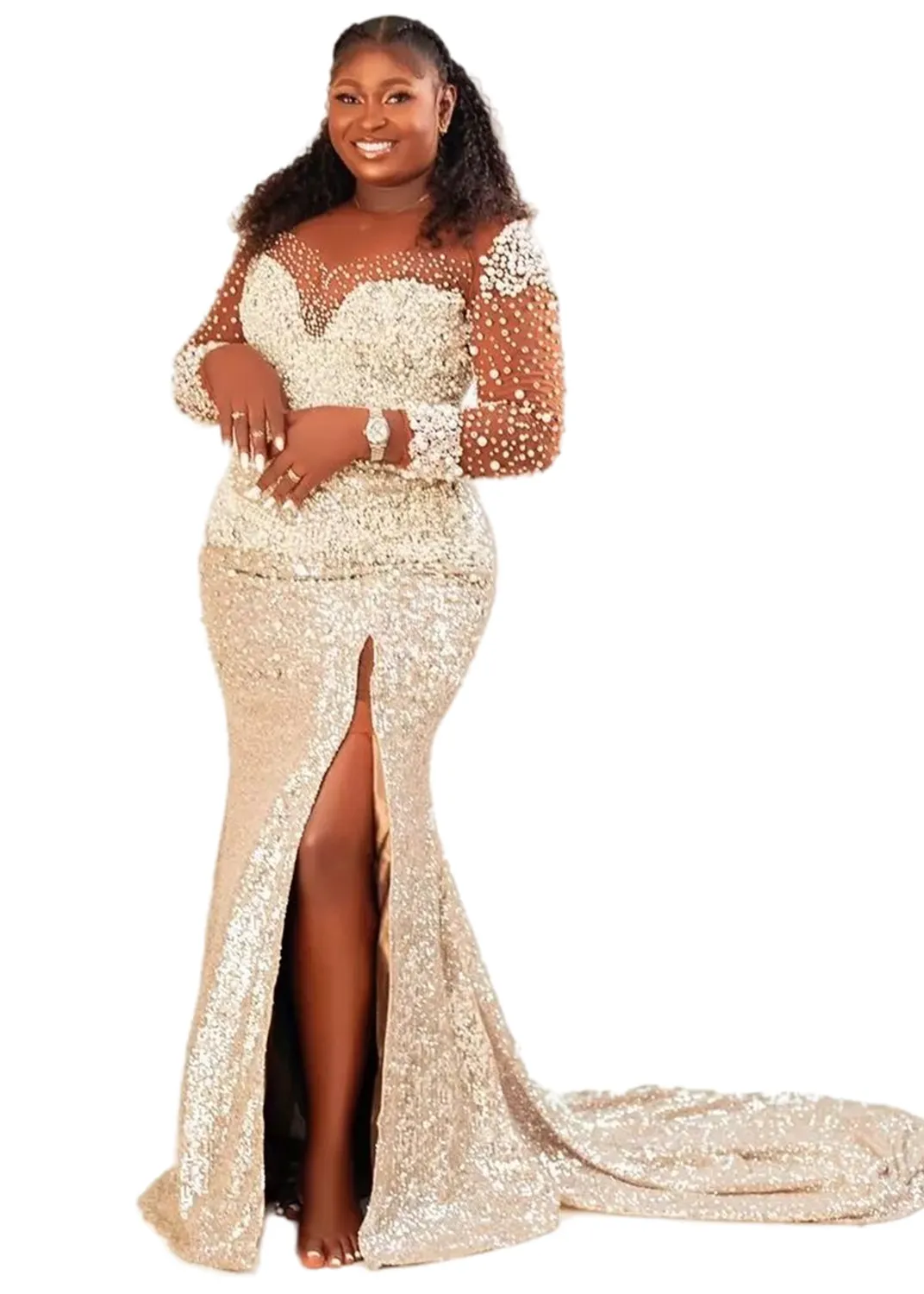 Aso Ebi 2022 Arabic Champagne Mermaid Prom Dresses Beaded Pearls