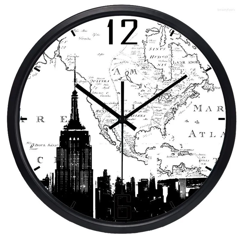 Orologi da parete Mappa York Empire State Building El Lobby Studio Orologio da regalo Silenzioso Retro Creativo Stile europeo Rotondo