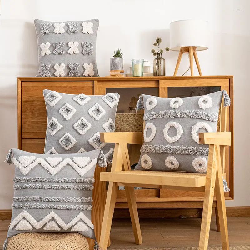 Almohada cubierta de estilo morrócan 45x45 cm Diamante gris Tufted zigzag decoración del hogar para silla de cama sofá