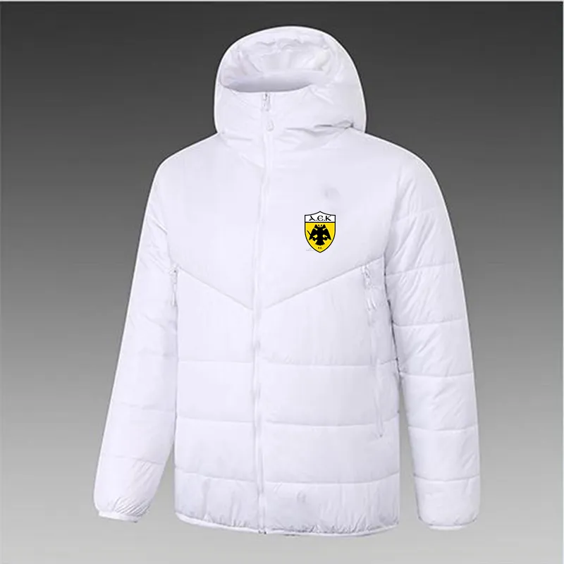 Aek Athens Men's Down Hoodie Jacket Winter Leisure Sport Coat Full Zipper Sports Outdoor Warm Sweatshirt Logo Custom