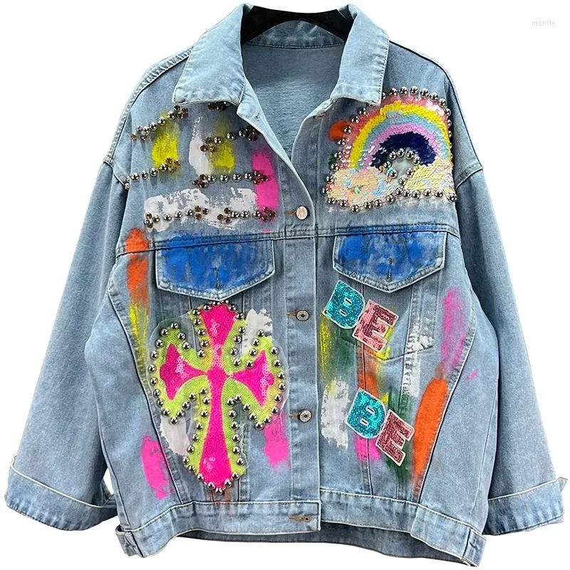 Jaquetas Femininas Moda Primavera Feminino Jaqueta Jeans Azul Personalidade Pintado à Mão Graffiti Rebites Casual Europeu Lantejoulas Mangas Compridas