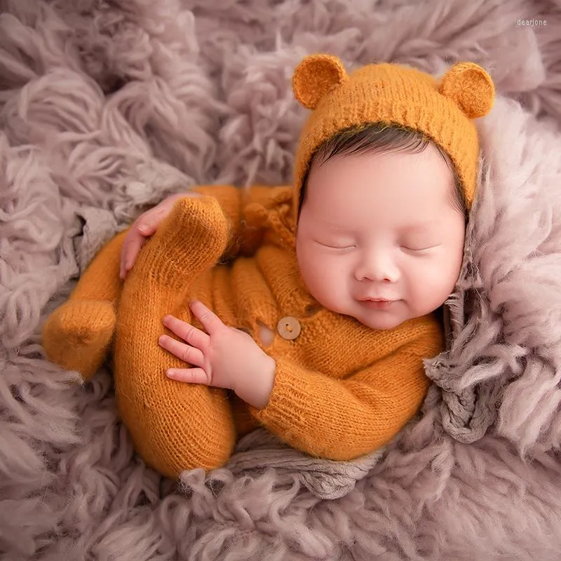 Hats Born Pography Props Romper Set Overalls Sleepy Hat Knit Outfit Baby Po Wrap Foot Shoot Pajamas Accessories