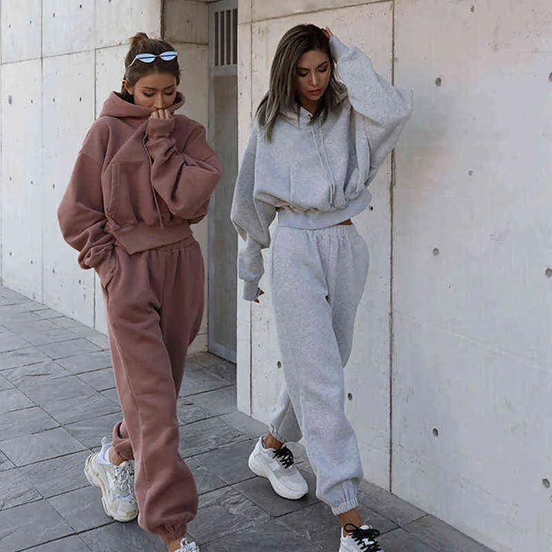 Kadın spor izleme kadınları iki parçalı giyim seti eşofman düz renkli kapüşonlu sweatshirt uzun pantolon gogger kıyafeti set kadın ter takım elbise T220809