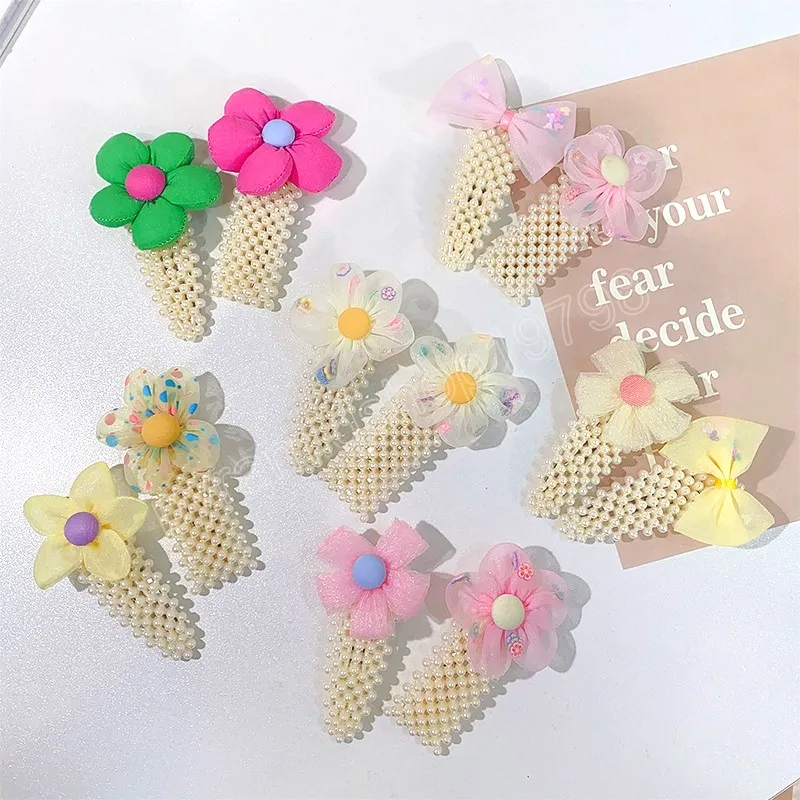 2 pièces/ensemble doux mousseline de soie fleurs perles pinces à cheveux pour filles enfants mignon épingles à cheveux Barrettes mode cheveux accessoires