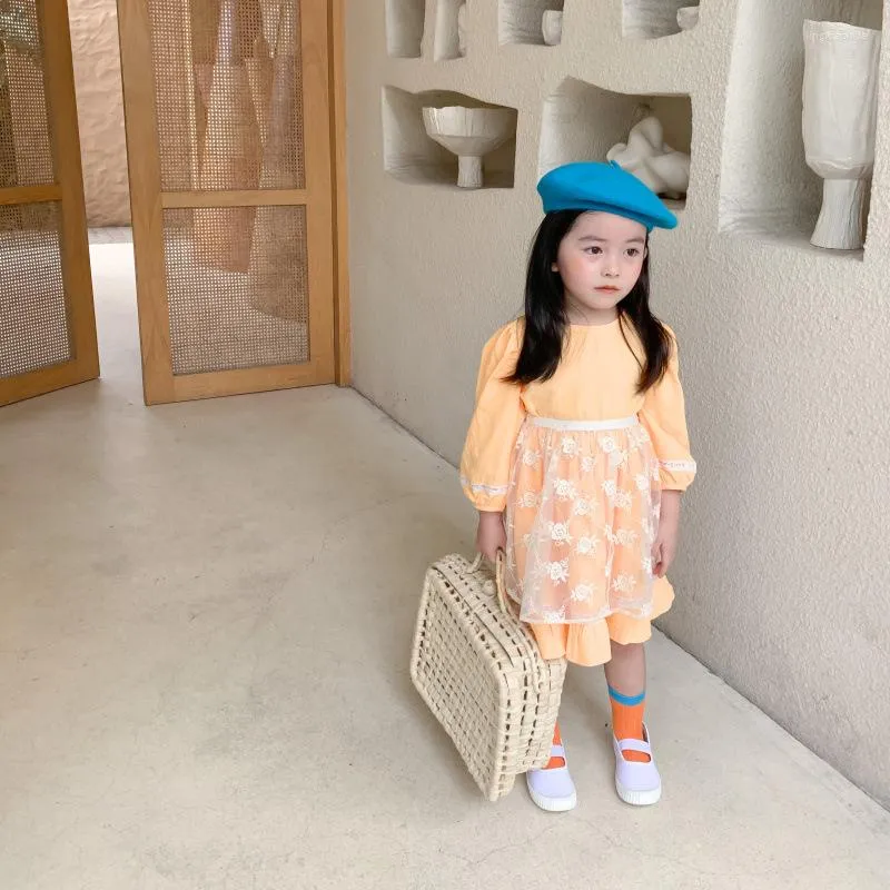 Vestidos de menina 2022 vestido de criança outono moda de estilo coreano manga lanterna princesa malha costura infantil roupas 1 2 3 4 5 anos