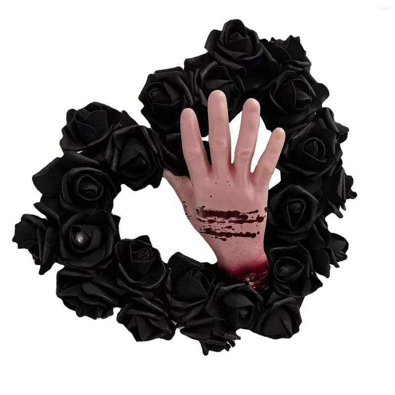 Flores decorativas 2022 Halloween decoração coroa da porta da frente Decoração de rosa artificial preto Garland com horror de mão sangrenta falsa para casa