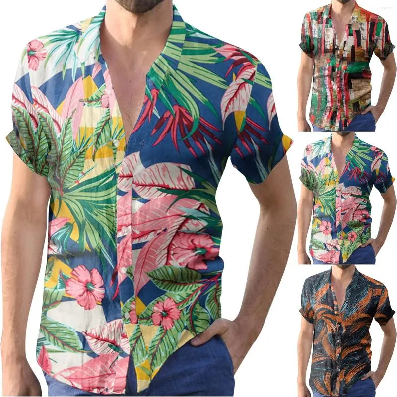 Camisas casuais masculinas de manga curta do Down Men Spring e Summer Top Floral Print Colorful Lapeel Shirt Outdoor Lady Athletic