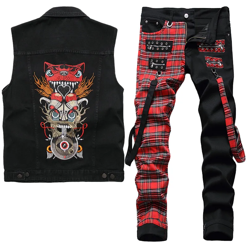 Punk Style Męskie Zestawy dżinsów czarne haftowane sowy dżinsowe pasujące panele panelu Kolorblock Pants 2pcs Summer Streetwear