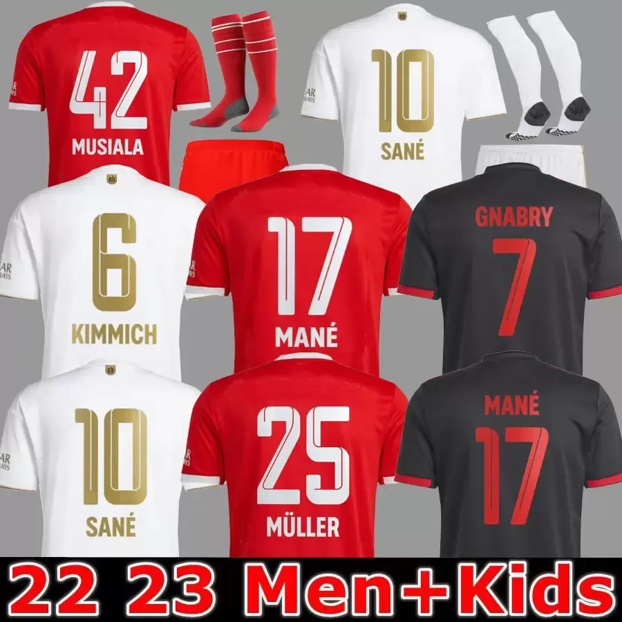Jerseys de futebol do Bayern de Munique 22 23 Gravenberch Sane de Ligt Muller Davies Kimmich Football Top Shirts Men Kit Kit Coman 2022 2023 Fãs uniformes Jogador