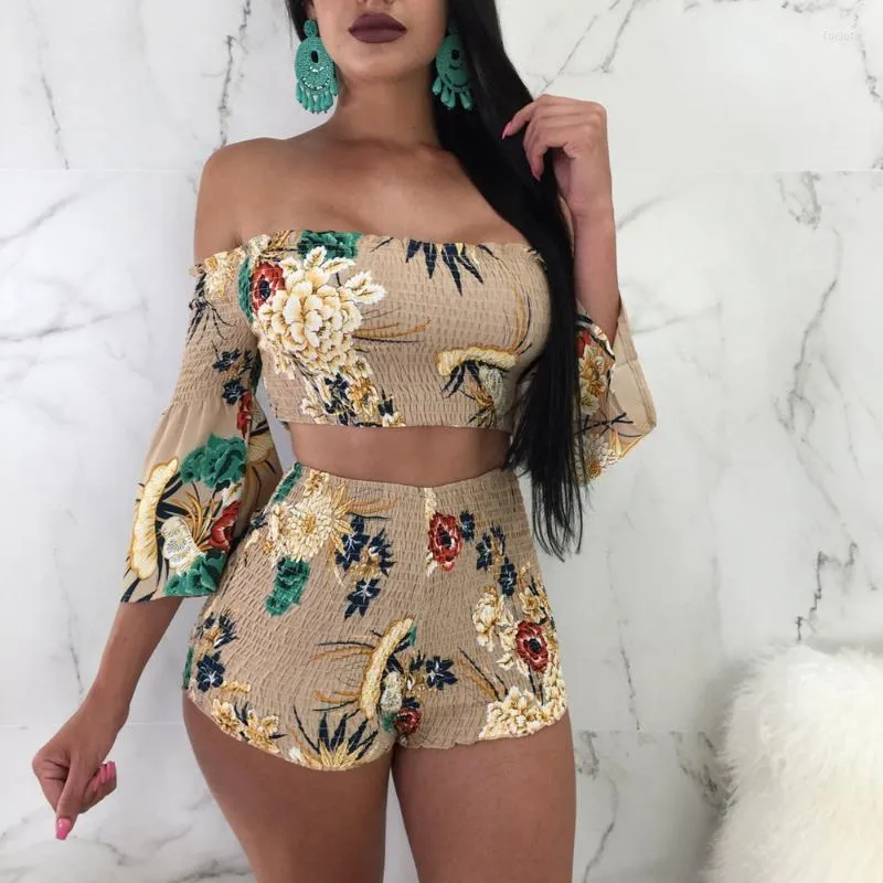 Two Piece Dress 2022 Floral Print Casual Set Off Shoulder Cami Top & Shorts Summer Short Tracksuit Women Sexy Bodycon Romper S-XXL