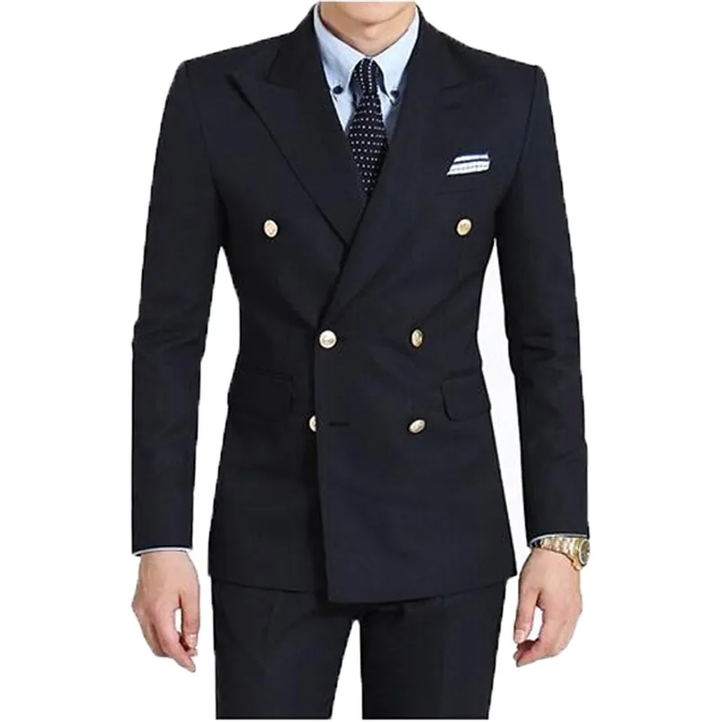 Costumes pour hommes Blazers Double boutonnage Évent latéral Tuxedos de marié Noir Bleu foncé Revers en pointe Robe de mariée pour hommes Vêtements de vacancesVestePantalon 220909