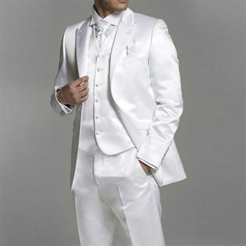 Erkekler Suits Blazers 3 Parçalı Beyaz Saten Erkekler Düğün Damat Smokin için Takım Smokin Tepe Yakası Özel Resmi Adam Takım Set Ceket Yeleği Pantolonlu 220909