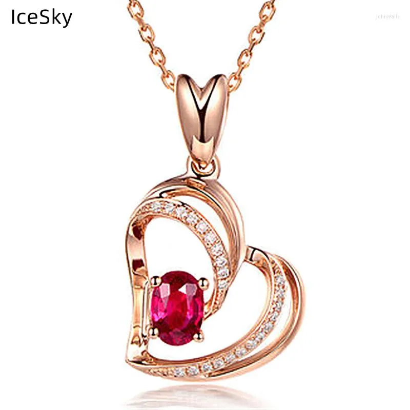 Collane con ciondolo Elegante cuore vuoto rubino a forma di cuore pieno di diamanti Catena tridimensionale a clavicola con diamante rosso pesca