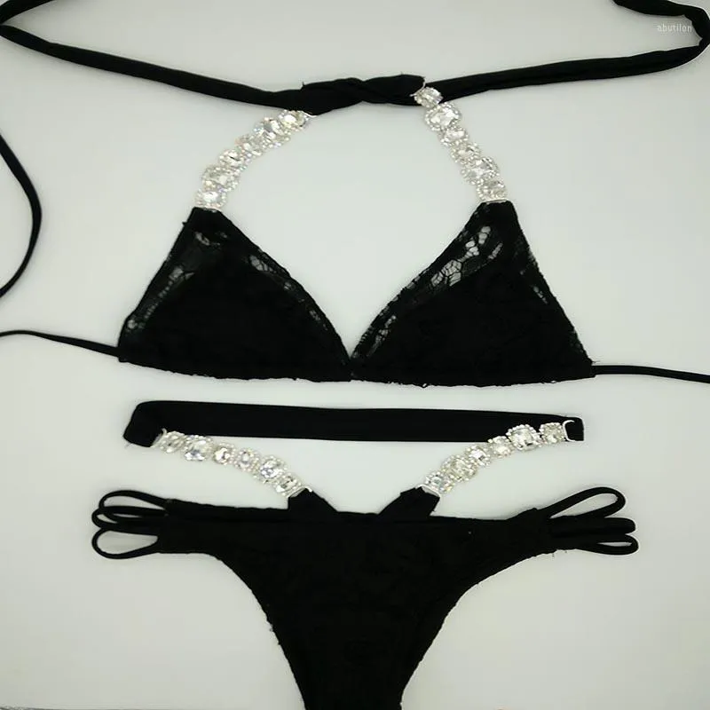 Kvinnors badkl￤der 2022 Semesterstil Diamond Bikini Set Lace Hollow Out Crystal Sexy Women Bathing Suit Bling Stones Swim