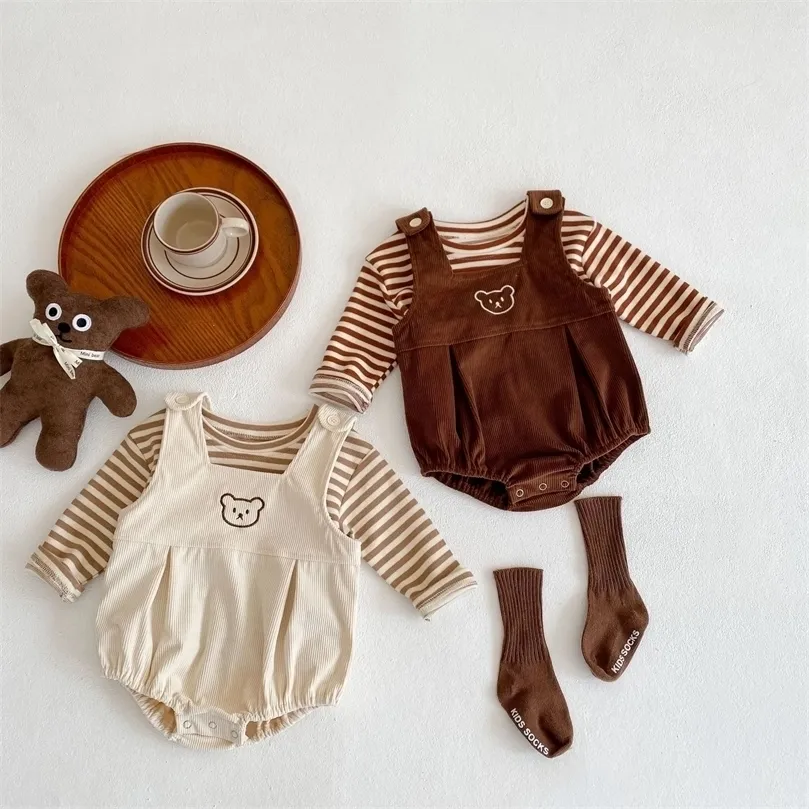 Rompers 2Pcs Baby Clothes Sets Cotton Baby Striped Tshirt Bear Embroidered Straps Romper Triangle Bodysuit Jumpsuit 220909