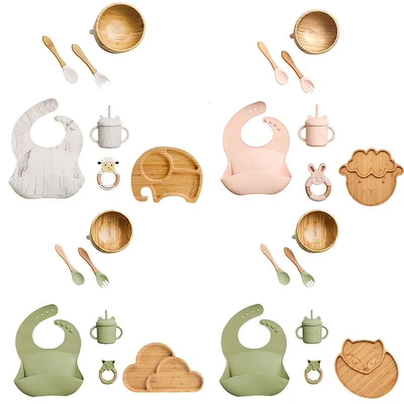 Cups Dishes Utensils 7Pcs Wooden Feeding Tableware Sets Children s Bamboo Baby Spoon Fork Plate Bowl for Kids 220907