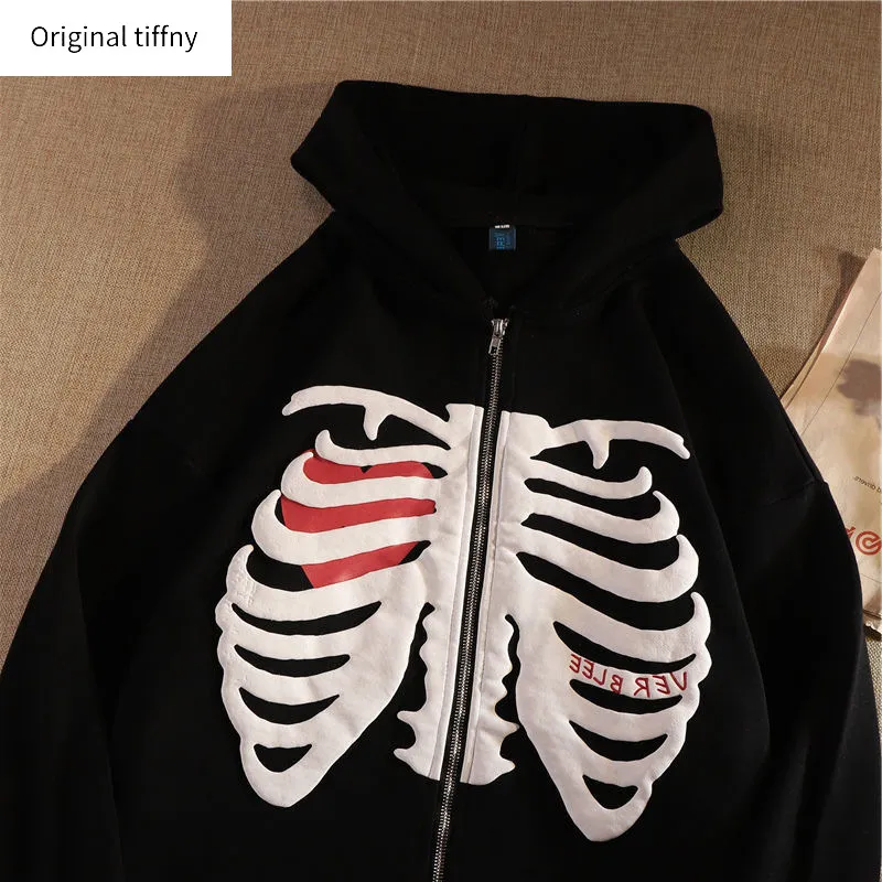 Women's Hoodies Sweatshirts Fashion Y2K Skeleton Hoodies Gothic Black Zip Up Oversized Streetwear Ladies Retro Harajuku Jacket Y2209